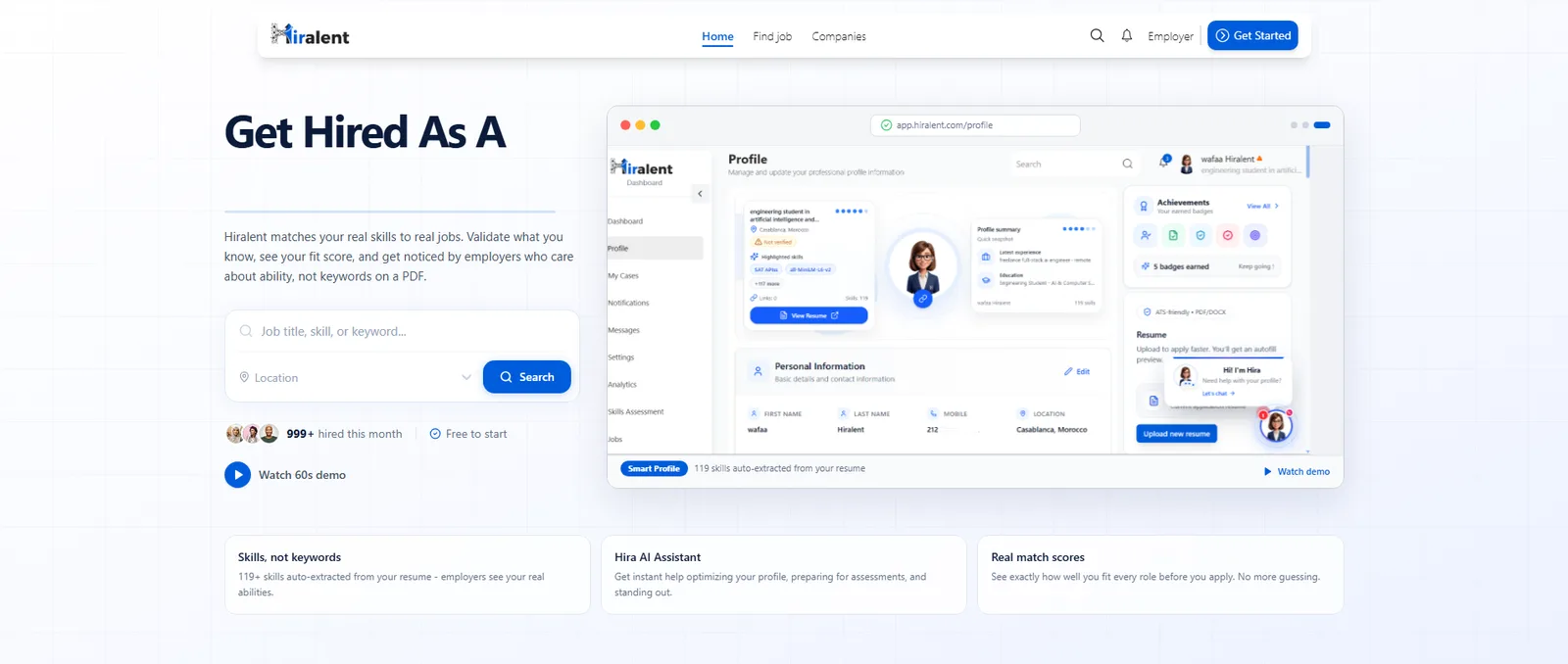 Hiralent — AI recruiting & skills-based hiring platform homepage screenshot
