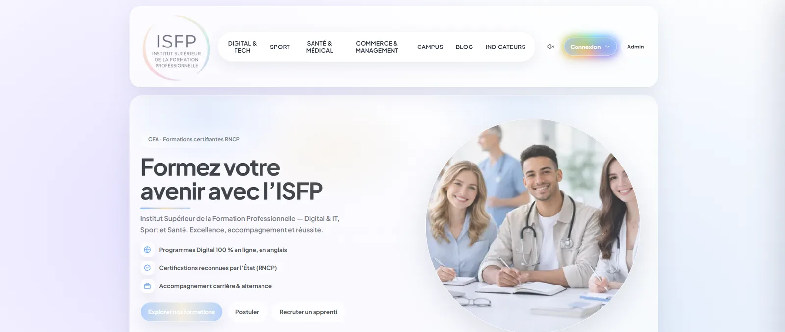 ISFP — French training centre & healthcare job platform homepage screenshot
